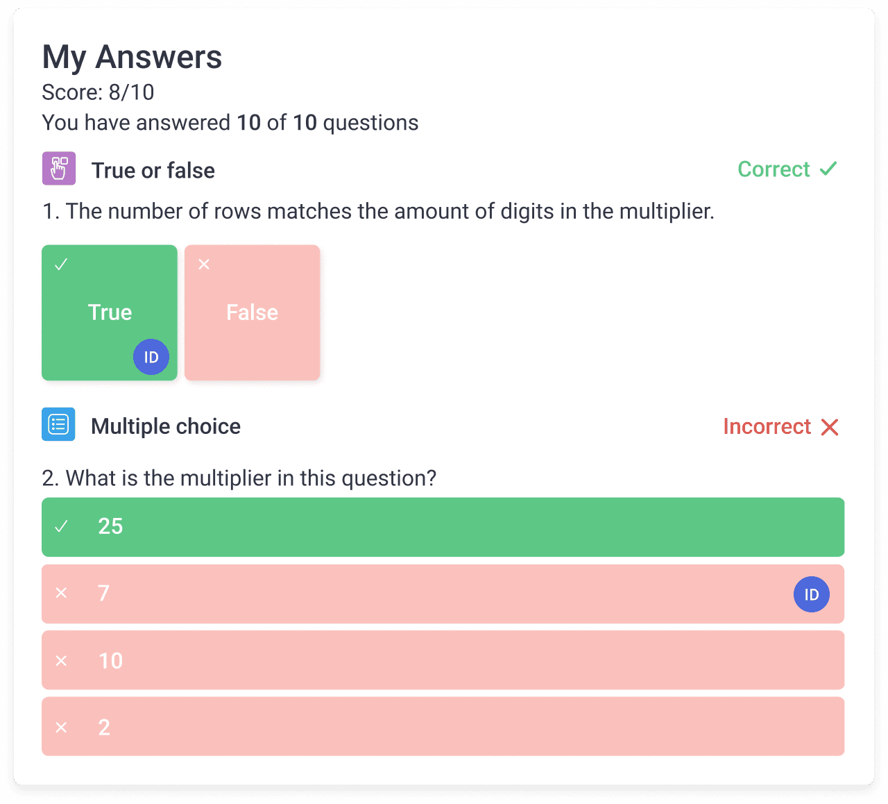 Formative assessment quiz grading