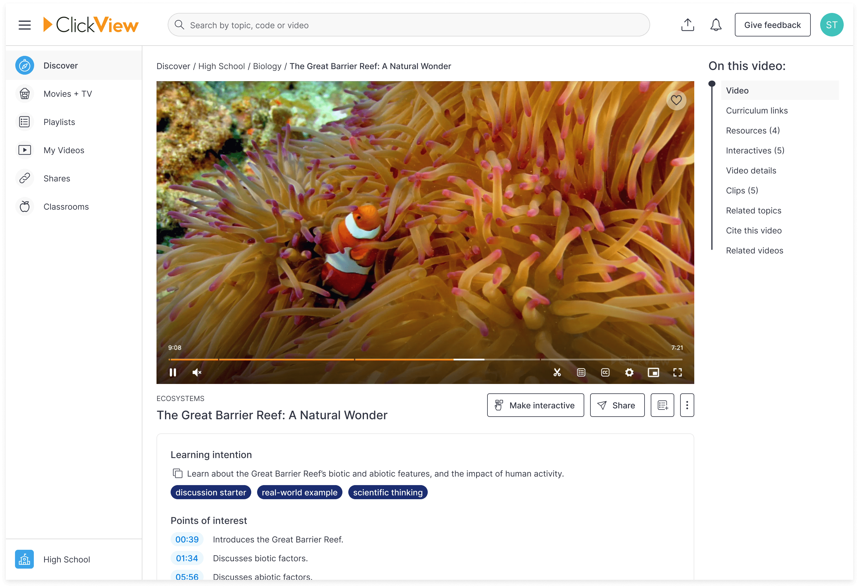 ClickView Great barrier reef play page