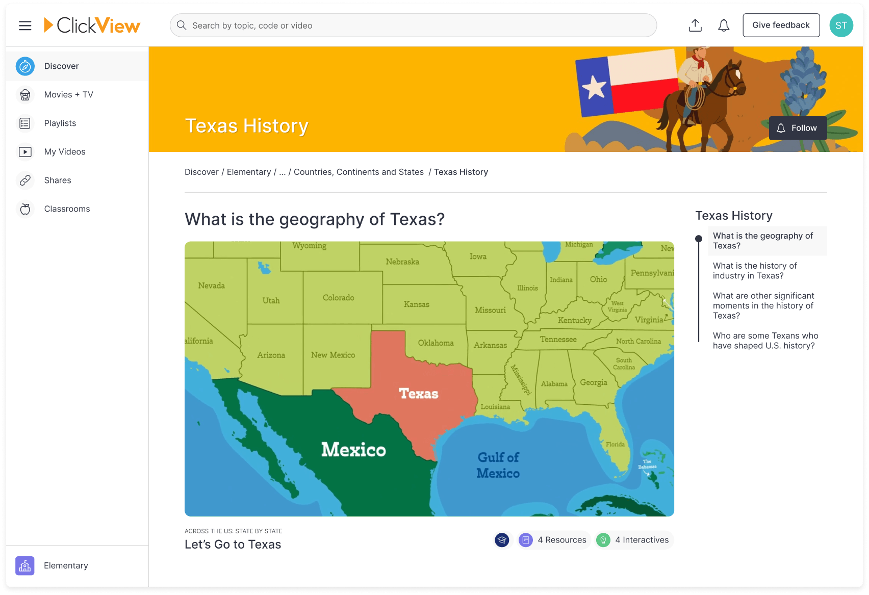 ClickView Texas history topic
